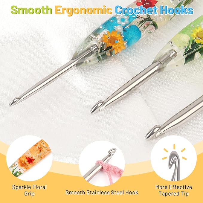 Coopay Crochet Hook Set, 9 PCS Crochet Hooks with Case (2.5mm-6.5mm), Floral Resin Grips - Beautiful & Ergonomic, Great for Crocheting Blankets, Dolls, Shawls, Hats, Scarves (C-K)