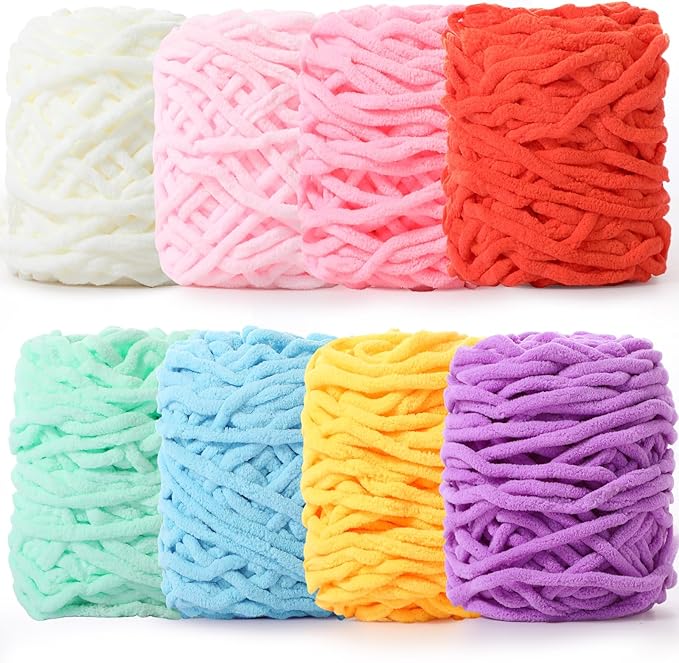 Buryeah 8 Pack Chunky Chenille Yarn for Crocheting Soft Thick Fluffy Yarn for Hand Knitting Bulky Velvet Blanket Plush for Weaving DIY Crafts Each 3.5 oz 55 Yards (Candy Colors)