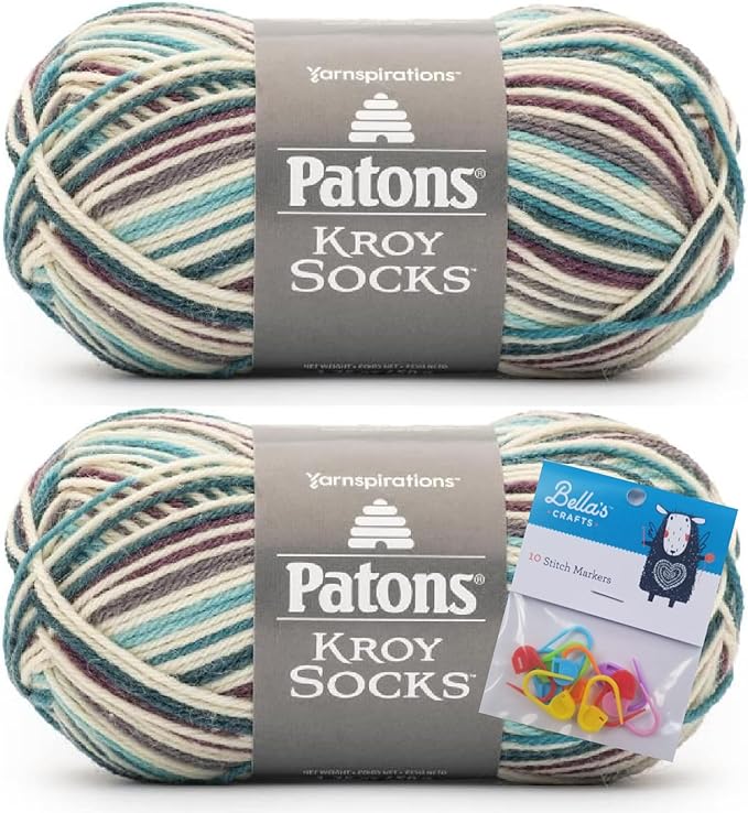 Patons Kroy Socks Yarn 2-Pack Bundle with Bella's Crafts Stitch Markers (Northern Lights)