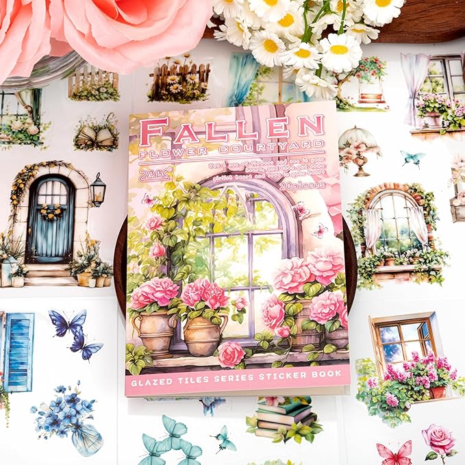 Fallen Flowers Courtyard Sticker Scrapbooking Supplies for Junk Journal, 20 Sheets PET Stickers - Vintage Journaling Stickers, Ephemera Sticker Book Pre Cut(TZ-009-001)