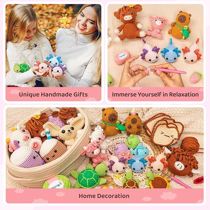 Mewaii Beginner Crochet Kit with 40% Extra Yarn, Pre-Started Yarn & Video Tutorials - 3 Axolotl Craft Set for Adults & Kids