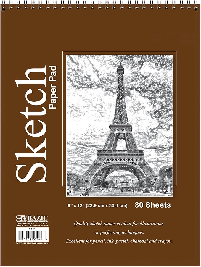 bazic products sketch pad, spiral sketchbook for artists & students, drawing pad with thick paper, sketching & drawing for kids, teens & adults, 30 sheets, 9" x 12", 48-pack
