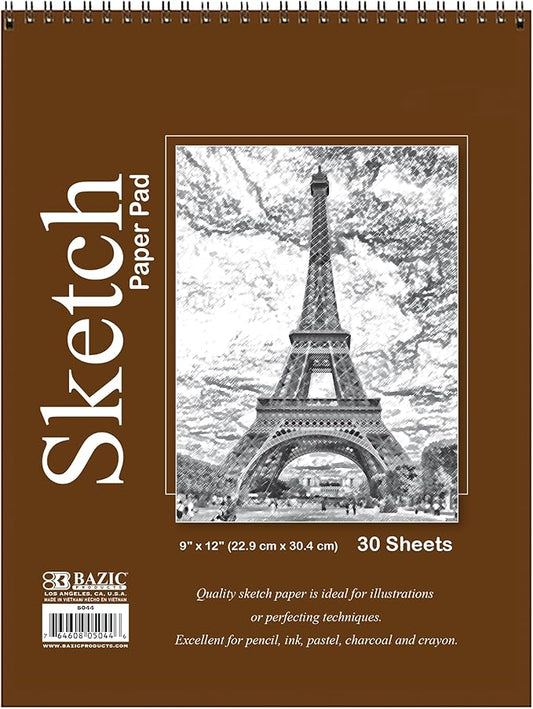 bazic products sketch pad, spiral sketchbook for artists & students, drawing pad with thick paper, sketching & drawing for kids, teens & adults, 30 sheets, 9" x 12", 48-pack