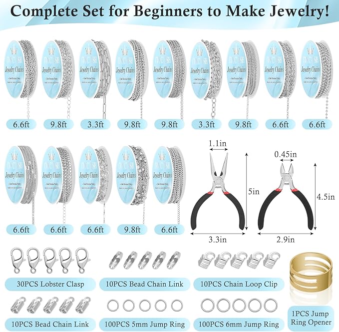ROADPLUM 14Roll Silver Jewelry Making Kit - 102Ft Necklace Chains (Copper & Stainless Steel) with 2 Jewelry Pliers, 260+ Lobster Clasps, Jump Rings & Connectors