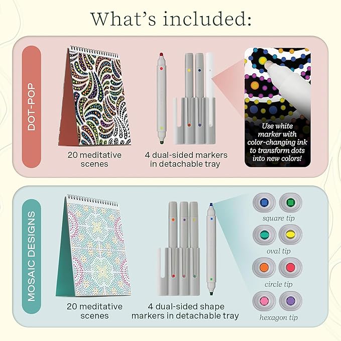 Lifelines FlowArt Activity Pads, 4-Pack - Guided Art Meditations with 4 Sets of Markers & 80 Scenes - Color by Letter, Dot-Pop and More, Coloring Books for Tweens, Adults & Seniors