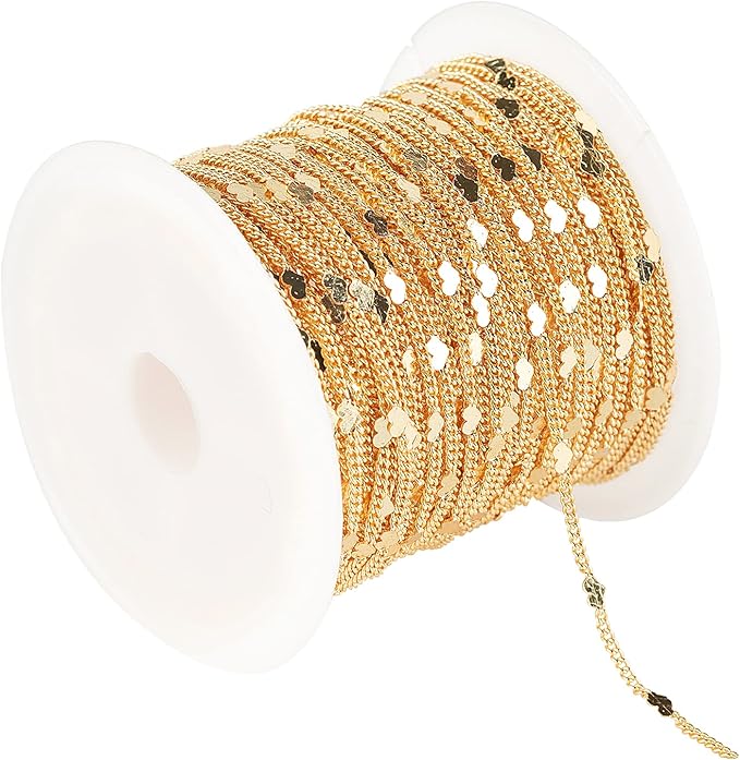 YOUBEIYEE 10 Meters Light Gold Chains for Jewelry Making, 18k Gold Plated Brass Flat Heart Curb Link Chain Women Necklace Bracelet DIY Jewelry Chains Bulk