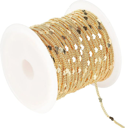 YOUBEIYEE 10 Meters Light Gold Chains for Jewelry Making, 18k Gold Plated Brass Flat Heart Curb Link Chain Women Necklace Bracelet DIY Jewelry Chains Bulk