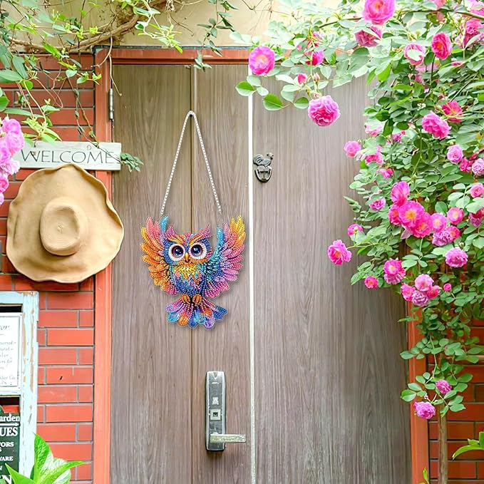 KEYIFA Diamond Painting Kit, DIY Colorful Owl Diamond Art Hanging for Adults Beginner, Bird Gem Arts Pendant Special Shaped Rhinestone Window Ornaments Wall Door Garden Decoration Gift, Double Sided