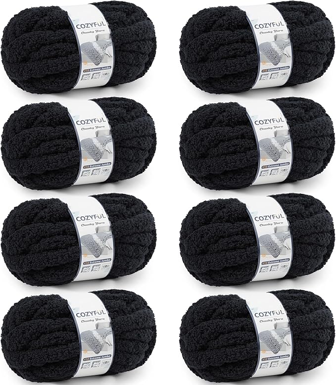 Chunky Yarn for Hand Knitting - #10 Chunky Chenille Yarn, Jumbo Big Thick Chunky Yarns for Crocheting, Super Bulky Chunky Knit Blanket Yarns, 8 Skein (25 yds 8 oz Each Skein), Black