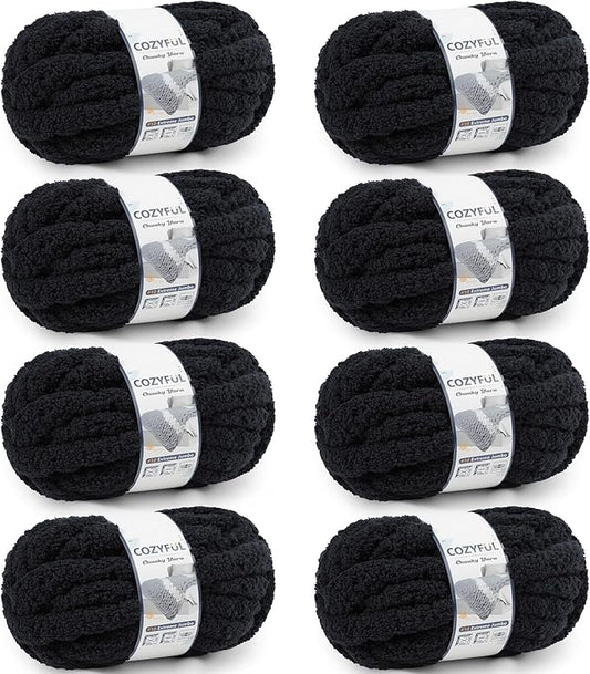 Chunky Yarn for Hand Knitting - #10 Chunky Chenille Yarn, Jumbo Big Thick Chunky Yarns for Crocheting, Super Bulky Chunky Knit Blanket Yarns, 8 Skein (25 yds 8 oz Each Skein), Black
