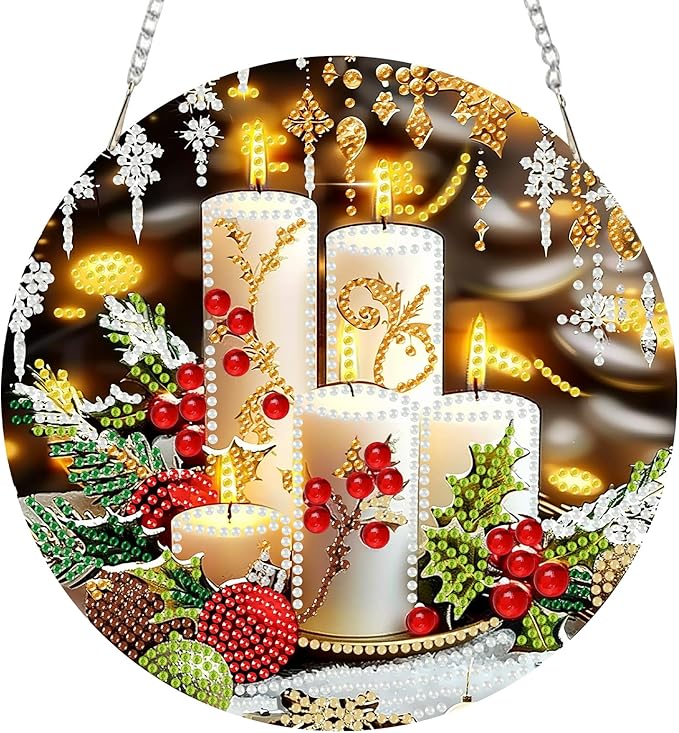 SENQAO Christmas Diamond Art Hanging Kits for Adults Kids, Christmas Candles Diamond Art Suncatchers, 5D Special Shape Diamond Painting Pendant Window Ornament Gifts for Home Door Wall Decor