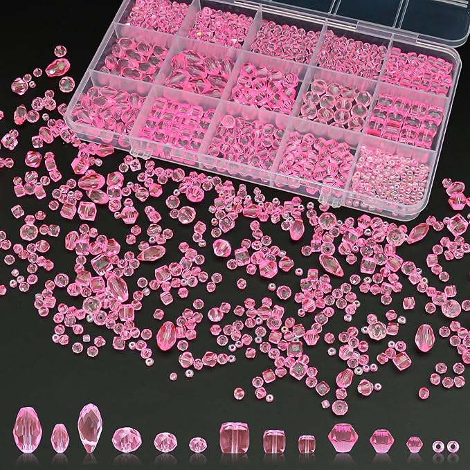 1500 Pcs Crystal Glass Beads for Jewelry Making – 12 Styles Bicone, Rondelle, Cube, Teardrop & 3mm Spacer Beads, DIY Bracelet Necklace Earring Craft Kit with Organizer Box(Light Rose Red)