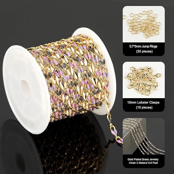2 Yard Mixed Color Enamel Chains for Jewelry Making Gold Plated Brass Cable Link Chain Roll for Women Necklace Bracelet DIY Jewelry Supplies Findings