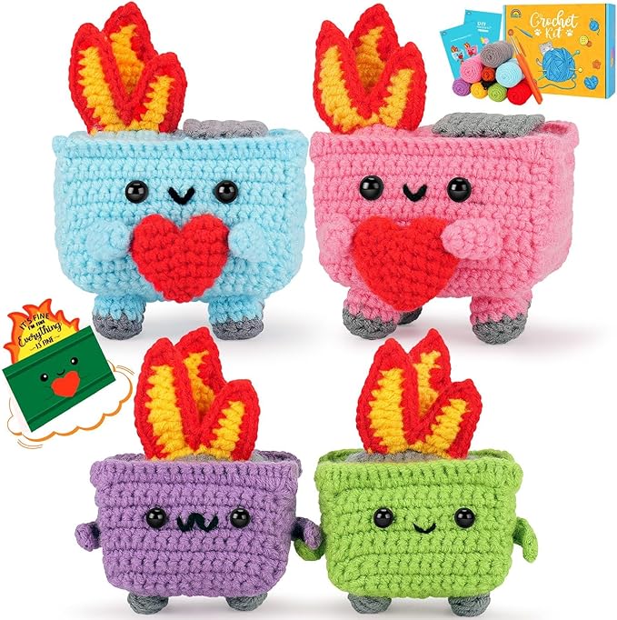 crochet kit for beginners, 4pcs dumpster fire crochet starter kit with step-by-step video tutorials, emotional positive support beginner crochet kits for adults women, funny crochet gifts valentine