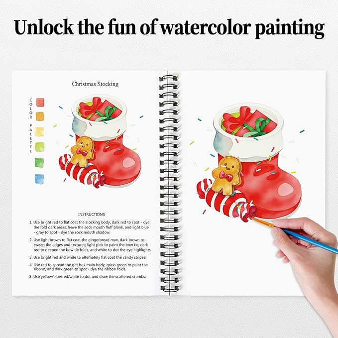 SLWBZ Watercolor Workbooks Coloring Book, Beginner Friendly Painting Kit, Easy Exquisite with Detailed Steps, Creative Exploration Watercolor Book for Adults Teens (Santa Claus, Without Paint)