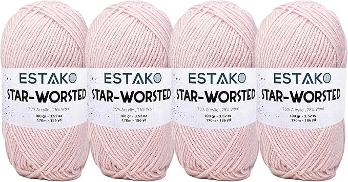 Estako Star-Worsted Yarn - (4 Skeins Pack) - 75% Acrylic 25% Wool - Soft Medium Weight #4 - (4 x 3.52 oz / 4 x 186 yds) - Crochet & Knitting Yarn (40699 - Powder)