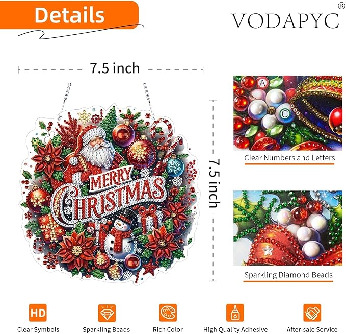VODAPYC Christmas Santa Diamond Art Hanging Kit for Adults, DIY Double Sided Special Shaped Diamonds Art Window Pendant Ornament for Home Decor(Santa Wreath-2)