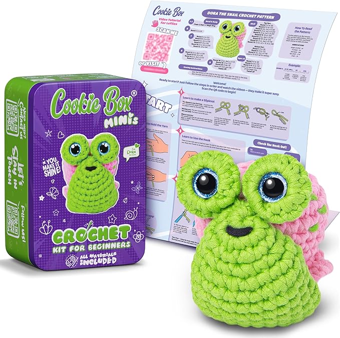Cookie Box MINIs Crochet Kit for Beginners – Gift Set to Make Snail Dora Amigurumi Plushie – Easy DIY Crochet & Knitting Starter Kit with Printed Instructions & Step-by-Step Video Tutorial