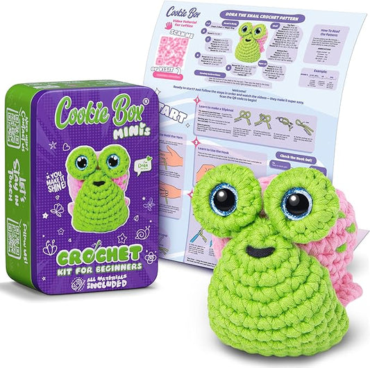 Cookie Box MINIs Crochet Kit for Beginners – Gift Set to Make Snail Dora Amigurumi Plushie – Easy DIY Crochet & Knitting Starter Kit with Printed Instructions & Step-by-Step Video Tutorial