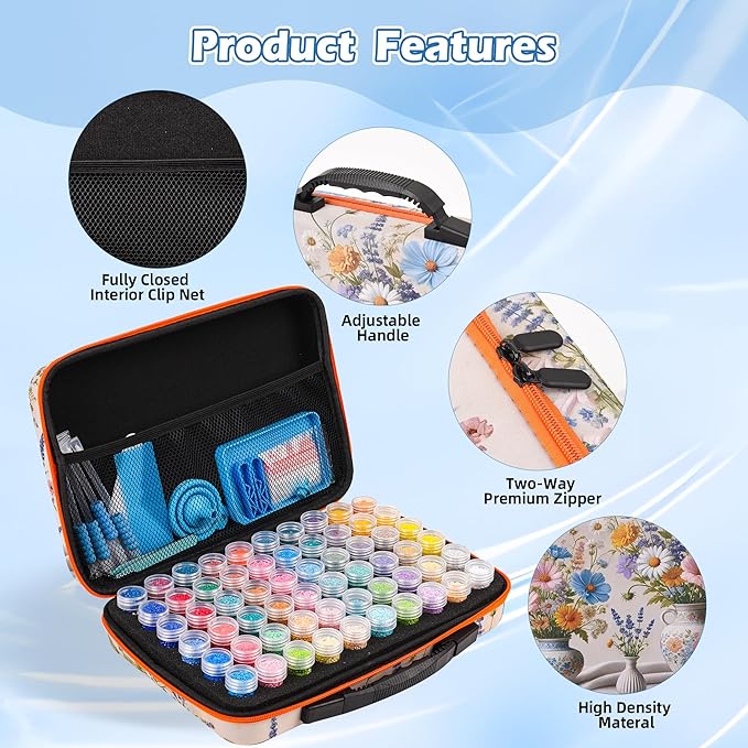60 Slots Diamond Painting Storage Container, Diamond Art Kits for Adults Stackable Bead Organizer with Carrying Handle, Craft Storage Box with Accessories (Ceramic Garden-60 Slots)