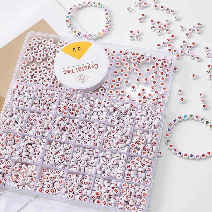 nikkiGuo 1250pcs 4x7mm White Round Acrylic Alphabet Beads A-Z Heart Beads with Numbers Crystal Line for Jewelry Bracelet, Necklace and Key Chains (Orange White Color)