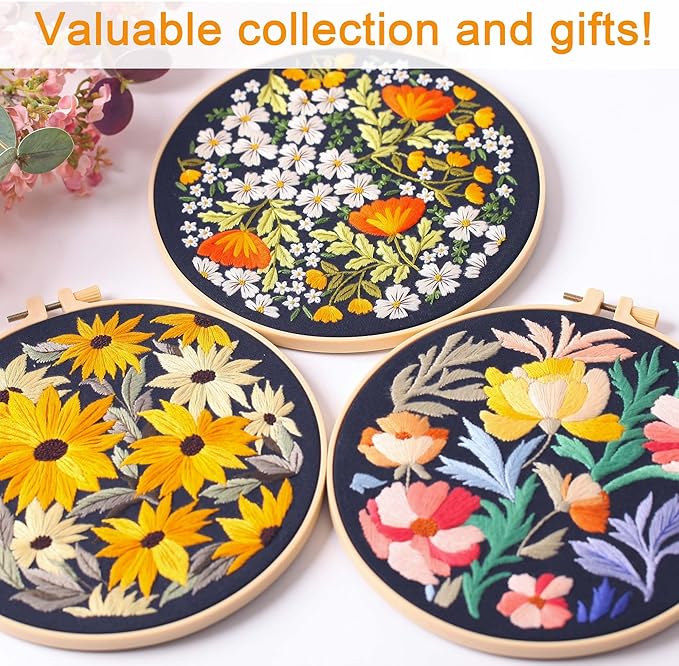 reewisly 3pcs embroidery starter kit with patterns and instructions, diy adult cross stitch kits beginner, including 3 plastic embroidery rings, 1 scissors, colored threads and needles