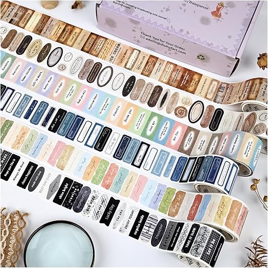 822pcs Small Vintage Motivational Quote Words Stickers Set, Ephemera for Junk Journal Supplies, 6 Rolls Decorative Tape Die Cut Stickers for Scrapbooking, Journaling, Arts Crafts, Collage