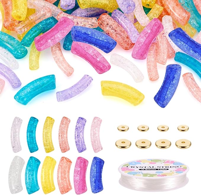 Sparkeads 120PCS Bamboo Tube Bracelet Making Kit for Women Friendship Gift Stacking Bangles Transparent Chunky Curved Acrylic Beads Metal Spacers Elastic Thread