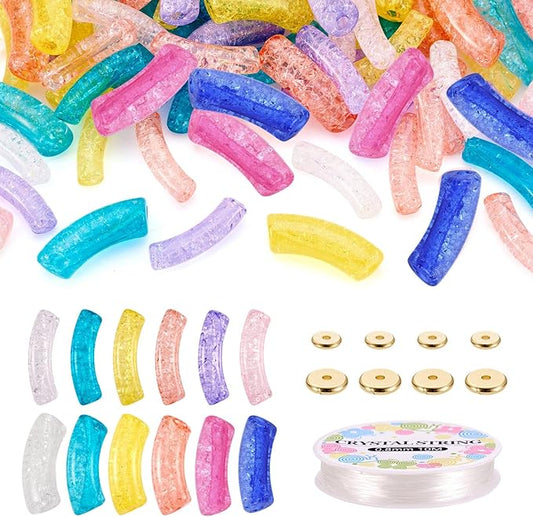 Sparkeads 120PCS Bamboo Tube Bracelet Making Kit for Women Friendship Gift Stacking Bangles Transparent Chunky Curved Acrylic Beads Metal Spacers Elastic Thread