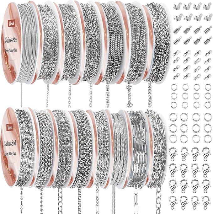 wisreach necklace chains for jewelry making, 118 feet 15 rolls stainless steel jewelry chains for diy necklace bracelet making with stainless steel jump rings/lobster clasps/connectors