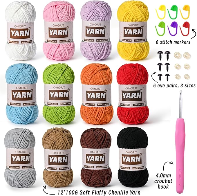 12 Pack 42.3oz/1572yds Bulky Multicolor Yarn Set, Plush Chenille Blanket Yarn for Crocheting, Fluffy Velvet Yarns for Crochet, Fuzzy Baby Yarns for Crocheting Soft, Crochet Amigurumi A