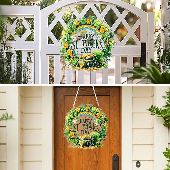 MXJSUA St. Patrick's Day Diamond Art Hanging Kits for Adults Beginners, Crystal Diamond Suncatchers, Special Shape Diamond Painting Pendant Window Ornament Gifts for Home Garden Door Wall Decor