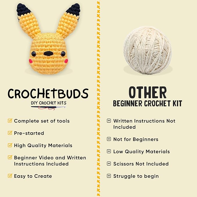 Pika-Doo DIY Crochet Kit | Ultimate Starter Set for Teens & Adults | Fun Couples & Date Night Craft Project w/Premium Yarn, Hook, Step-by-Step Video Tutorials & Easy Written Guides (Ages 15+)