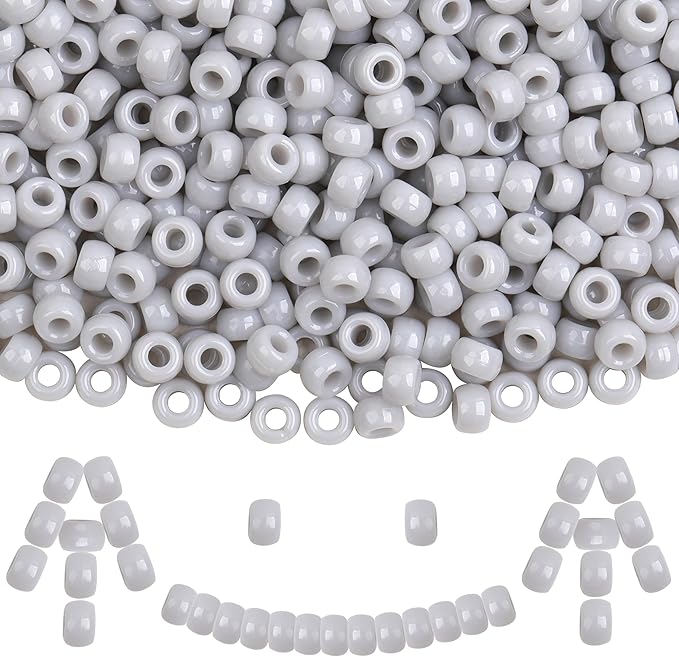Plastic Pony Beads, 1000 Pcs, 6x9mm, for Bracelet, Hair Braiding, Friendship Bracelets, Jewelry Making (Gray)