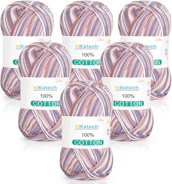 Katech Pure Cotton Yarn for Crocheting & Knitting–Soft Sport Weight CYC #2, 6 Skeins (50g Each, 300g Total), Ideal Crochet Yarn for Dishcloths, Baby Clothes, Socks, Lightweight Scarves(Pastel Multi)