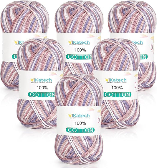 Katech Pure Cotton Yarn for Crocheting & Knitting–Soft Sport Weight CYC #2, 6 Skeins (50g Each, 300g Total), Ideal Crochet Yarn for Dishcloths, Baby Clothes, Socks, Lightweight Scarves(Pastel Multi)