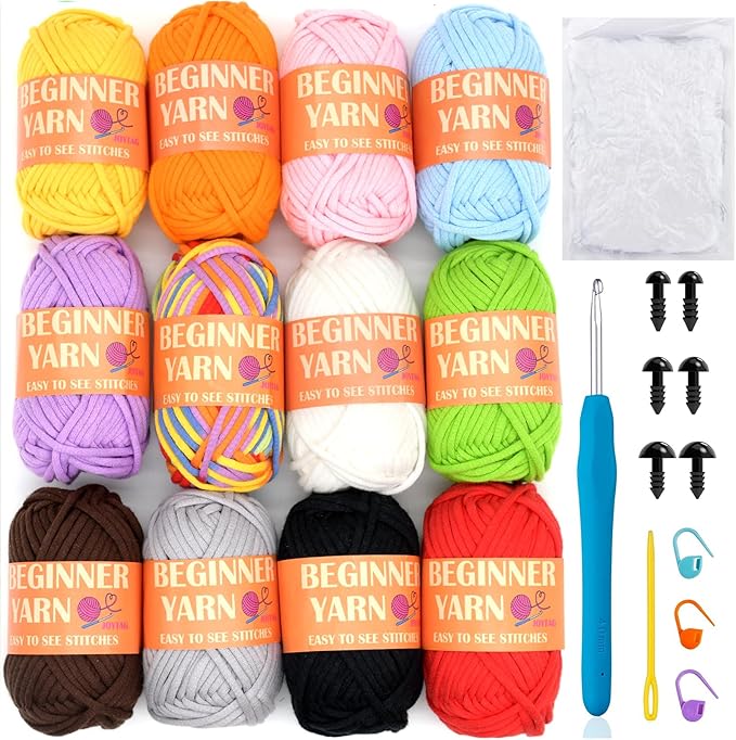 12 Pack Beginners Crochet Yarn Blue Green Pink Purple Yellow Rainbow Cotton Easy Crochet Yarn for Crocheting Knitting Beginners with Easy-to-See Stitches Mini Beginner Crochet Kit(12x25g)