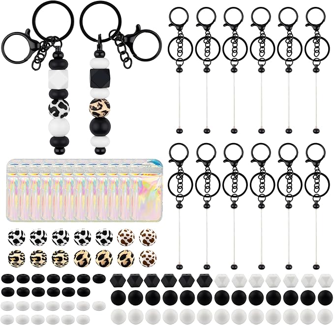 103pcs Beadable Keychains Set Bulk for Keychain Making Kit with Beadable Keychain Bar Silicone Beads Spacer Beads DIY Gifts for Women Men Crafts(Black)