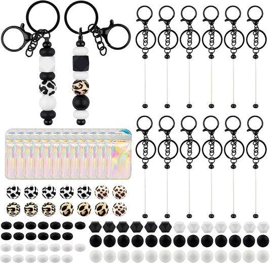 103pcs Beadable Keychains Set Bulk for Keychain Making Kit with Beadable Keychain Bar Silicone Beads Spacer Beads DIY Gifts for Women Men Crafts(Black)