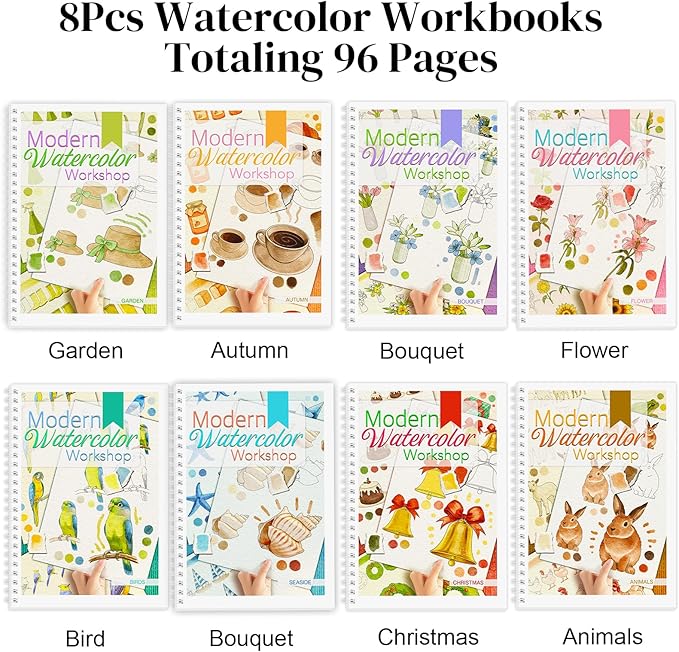 8Pcs Watercolor Workbooks with 2Pcs 36 Paint Colors, Water Coloring Book for Adults with 96 Patterns, Beginner-Friendly Step by Step Watercolor Workbooks for Beginners with 2Pcs 36 Paint Colors