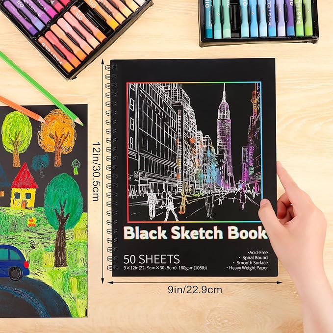 50 Sheets Black Paper Sketchbook, 108 lb/160gsm Heavyweight Black Sketch Pad 9×12in, Acid-Free Drawing Paper, Spiral Bound Sketch Book for Kids, Teens, Artist