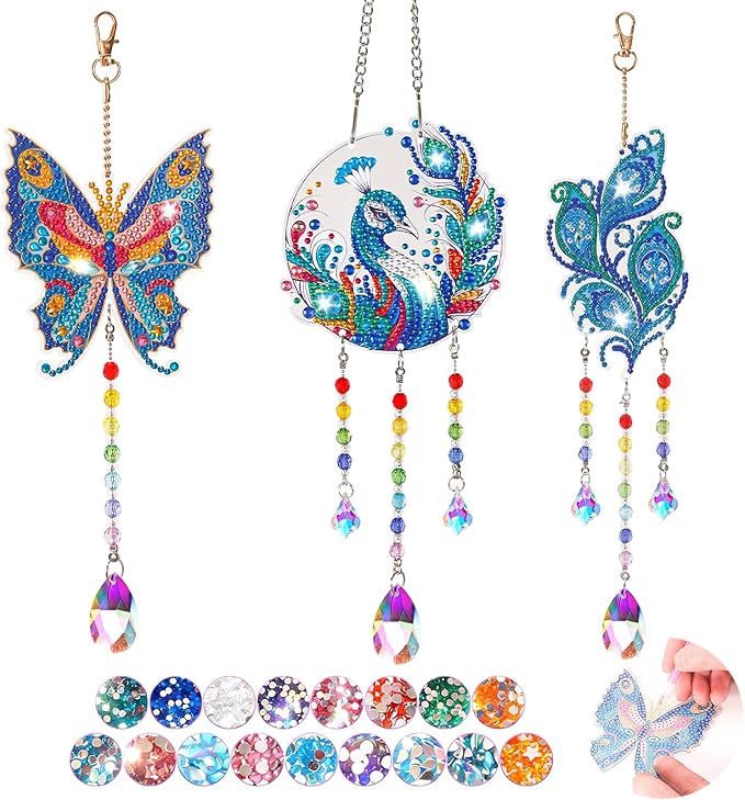 VibyTiby 3 pcs Diamond Art Kit, DIY Suncatcher Craft with Crystal Pendants for Home Garden Window Decor, Creative Gift for Craft Lovers