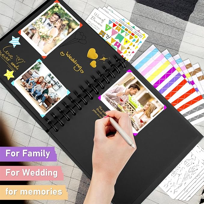 GOTIDEAL 8 x 8 Inch Scrapbook Album with Metallic Marker,40 Pages Kraft Paper Photo Albums for Wedding&Anniversary,Family DIY Scrap Books with Scrapbooking Stickers Corners(Black)