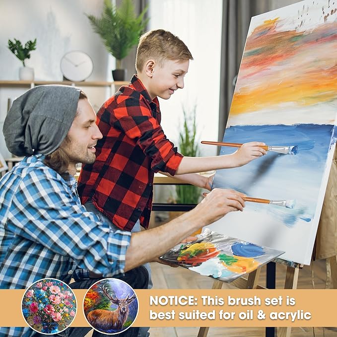 DUGATO 10pc Flat Hog Bristle Paint Brush Set - Short Handle Artist Brushes for Acrylic, Oil, Gouache, Watercolor - Canvas, Fabric & Craft Painting