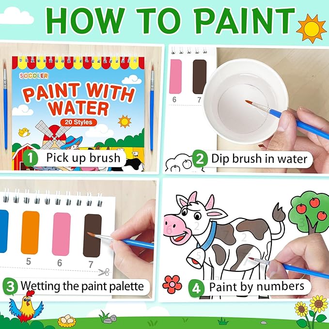 SOCOLER Paint with Water Coloring Books for Toddlers,Farm Theme Mess Free Watercolor Painting Papers for Kids Water Color Paint Kit Art Craft Birthday Gift for Ages 1-3, 4-8