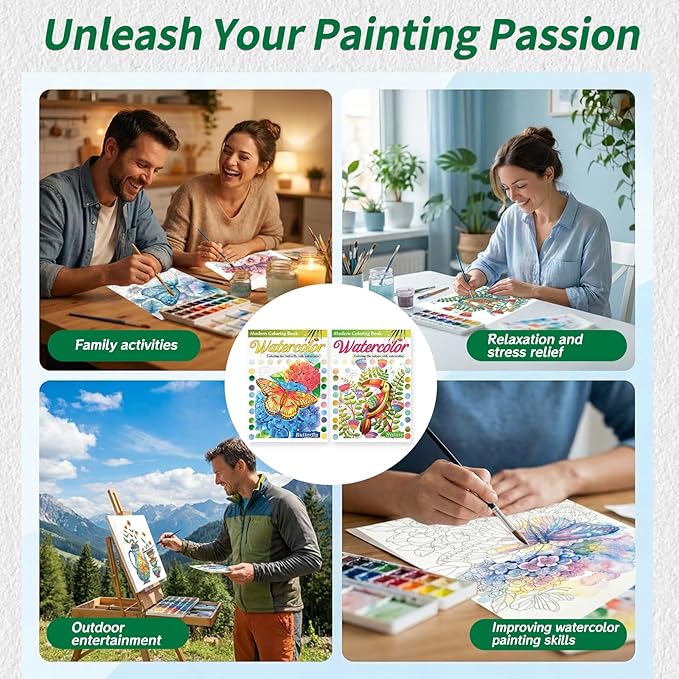 2Pcs Adults Water Coloring Book: 24 Advanced Exquisite Patterns – 100% Cotton 300gsm Paper, A4 Size – for Beginners & Professionals to Enhance & Consolidate Watercolor Techniques (Nature & Butterfly)