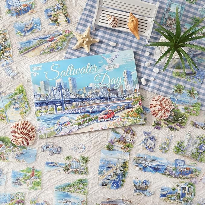 Transparent PET Summer Landscape Sticker Book for Journaling, 20 Sheets Large Pre-Cut Scenery Stickers for Scrapbooking Supplies, Collage Decorative, 9.25 x 6.58 inches