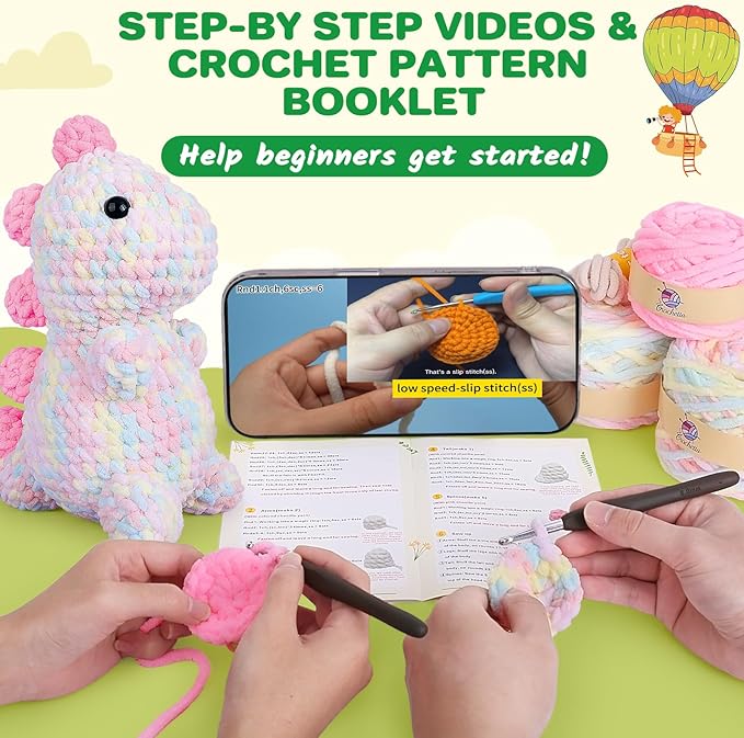 Crochetta Crochet Kit for Beginners, Amigurumi Crocheting Animals Kits w Step-by-Step Video Tutorials, Knitting Starter Pack for Adults and Kids, Jumbo Dinosaur (40%+ Yarn Content)