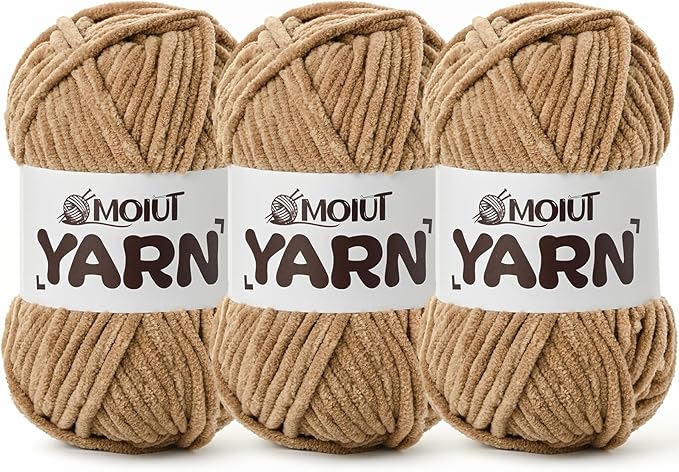 3 Pack Fluffy Chenille Yarn for Crocheting, Chunky Velvet Yarn for Crochet Amigurumi, Baby Yarn for Crocheting Soft Blanket, 262.4yds /10.5 oz Bulky Yarns for Crafts/Hats/Shoes/Socks (3 Deep Khaki)