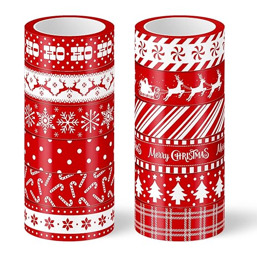 Whaline 12 Rolls Christmas Washi Tapes Red White Decorative Tape Assorted Xmas Patterns Holiday Masking Tapes for Christmas Scrapbook Journal Calendar DIY Craft Gift Wrapping, 16.4ft x 0.6